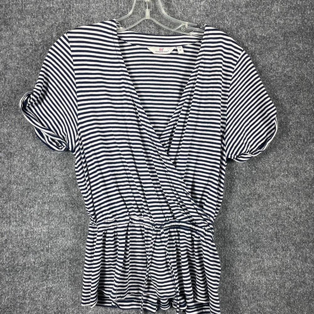 Vineyard Vines Top Womens Medium Blue Striped Faux Wrap Short Sleeve Pima Cotton